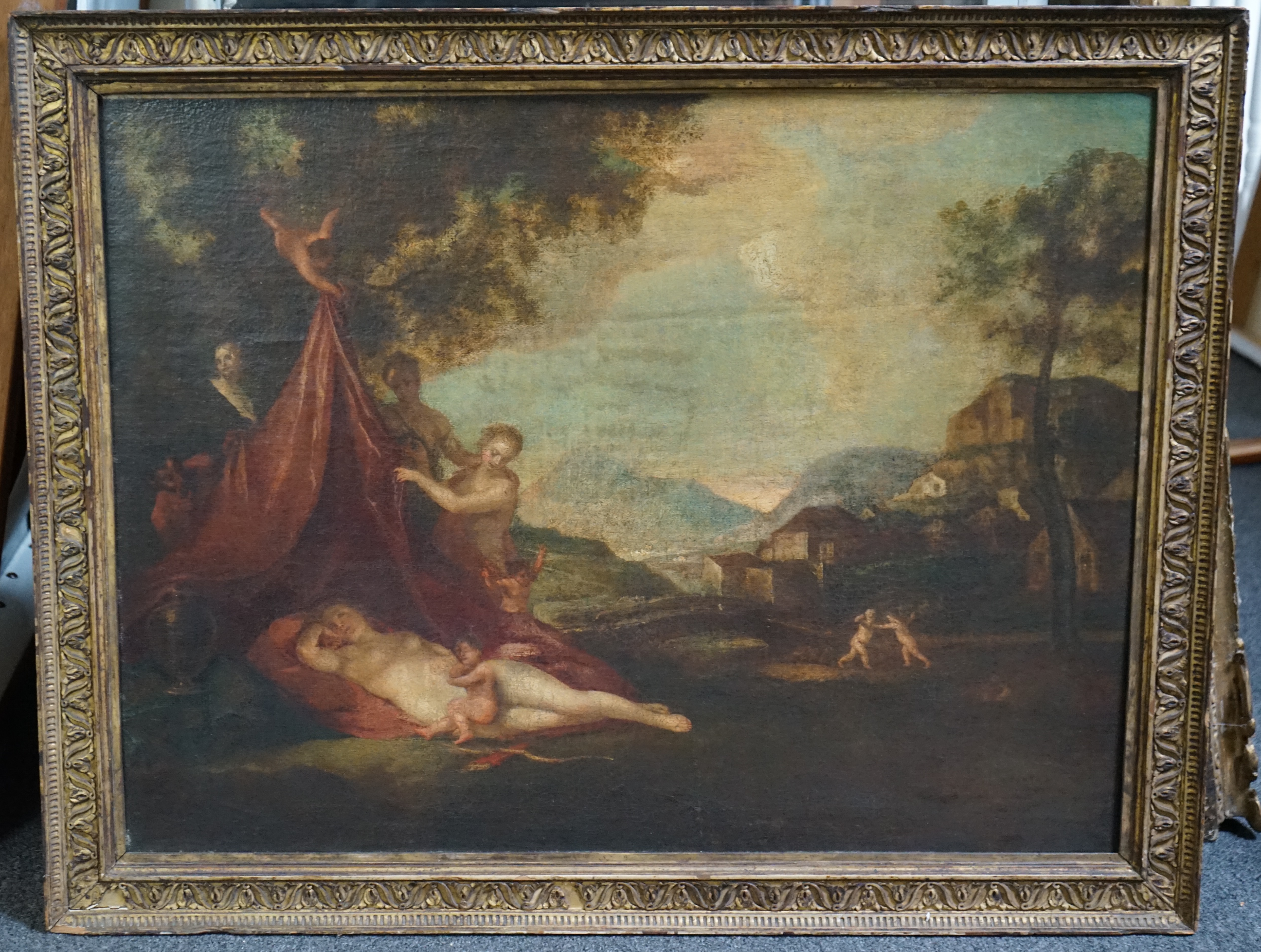 18th century French School, Venus sleeping in a landscape with attendants, oil on canvas, 54 x 71cm